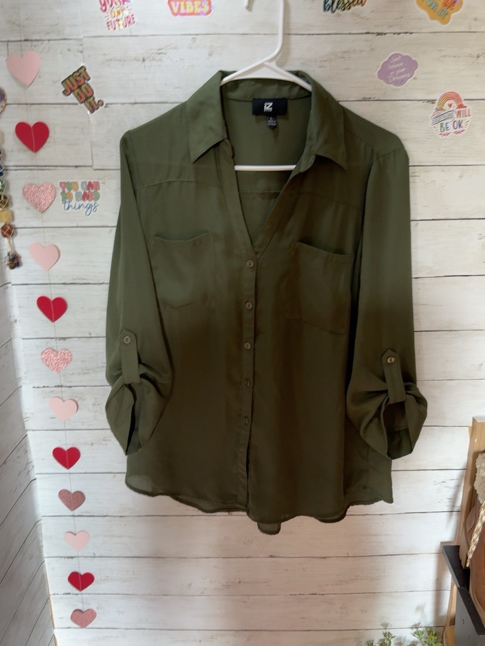 Iz Byer Olive Green Button-Down Shirt